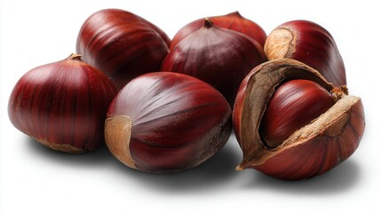Obraz premium A close-up of freshly harvested chestnuts, showcasing their glossy, brown shells, perfect for food-related projects, autumn-themed marketing, or culinary blogs highlighting seasonal ingredients,