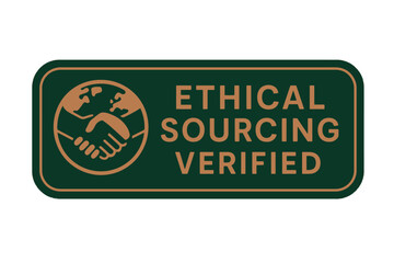 A badge that reads 'Ethical Sourcing Verified' featuring a handshake over a world globe. Modern flat vector sticker label with icon and badge style, transparent background