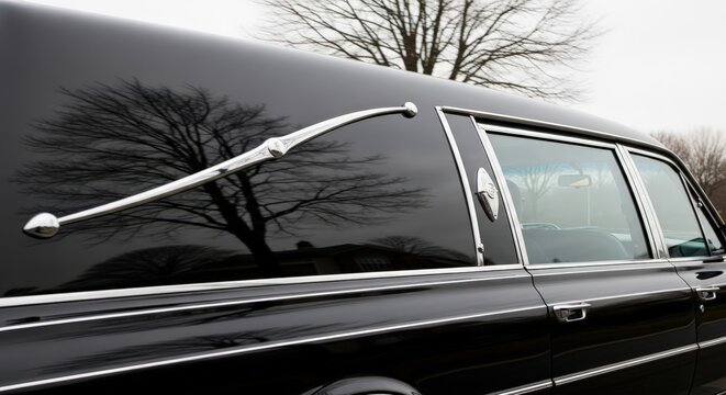 A black classic hearse with chrome details and window reflections, a vehicle used for funeral or burial services