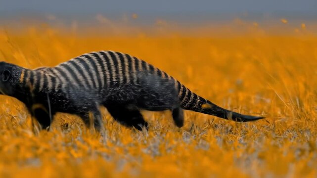 Striped genet strides through orange grass, low angle