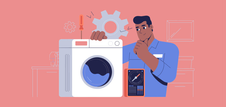 appliance repair technician diagnosing a broken washing machine, vector illustration for home service, household maintenance and equipment fixing