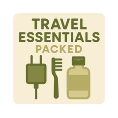 Travel essentials packed and ready for a journey, perfect for a trip. Modern flat vector sticker label with icon and badge style, transparent background