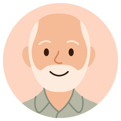 Cartoon avatar of smiling senior man with white hair and beard isolated on pastel background