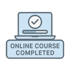 A digital icon depicting the successful completion of an online course. Modern flat vector sticker label with icon and badge style, transparent background