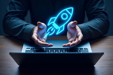 Man presenting a futuristic brain interface displaying data and analytics for business growth