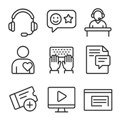 Customer Support Icons. Outline style icons of Customer Support Training: headset with mic, customer feedback bubble, help desk,