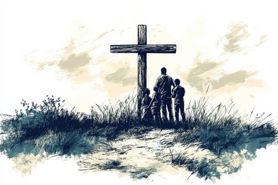 Hopeful Refuge: Weary Family by the Wooden Cross – Thin Line Vector