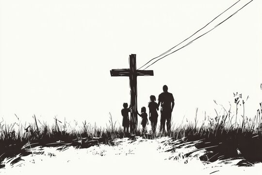 Faith and Fatigue: Minimal Family Scene Near a Wooden Cross - Powered by Adobe