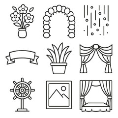 Trade Show Icon Set. Outline style icons of trade show decorations: floral arrangement, balloon arch, confetti drop, ribbon banner