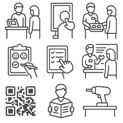 Trade Show Icons. Outline style icons of trade show interaction: product demo, touch screen, sample tray, feedback form, survey