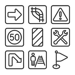 Trackside Facility Icons. Outline style icons of trackside facility signage: directional arrow, track map, safety notice, speed