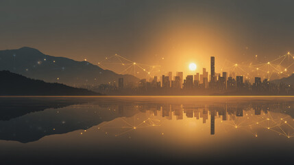 Fototapeta premium Smart city with connection network reciprocity over the cityscape social media networking systems that connects on the peak of success amid tall, innovative Smart city and graphs with statistics to a