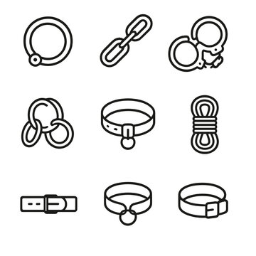 Torment Restraint Icons. Outline style icons of torment implements restraints: shackle, chain, handcuff, leg iron, collar, rope
