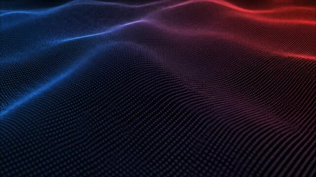 Abstract digital grid with red and blue light waves. Futuristic technology background showing a flowing data surface or virtual landscape. Seamlessly looping sci-fi animation.

