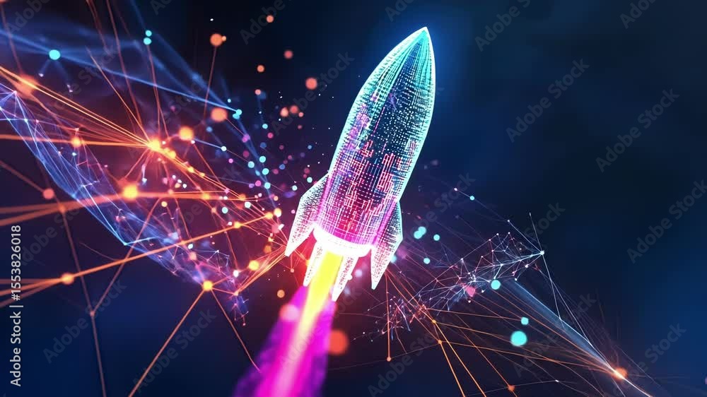 Poster an abstract representation of a rocket taking off consisting of digital particles and vibrant hues i