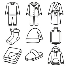 Winter Nightwear Icons. Outline style icons of Winter Nightwear: thermal sleepwear, fleece pajamas, cozy robe silhouette, plush