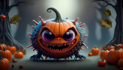 Naklejka premium Grinning hybrid of Halloween pumpkin and virus creature enacts eerie presence. creepy ambiance in dark forest, fallen leaves, scattered pumpkins. omitting prepositions for brevity.