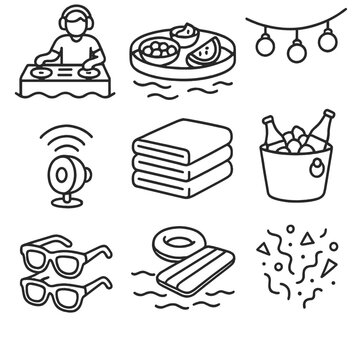 Pool Party Essentials. Outline style icons of Pool Party Setup: poolside DJ, floating tray of snacks, string lights, underwater