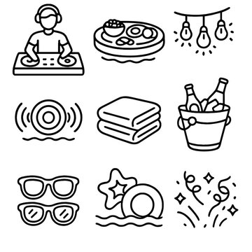Pool Party Essentials. Outline style icons of Pool Party Setup: poolside DJ, floating tray of snacks, string lights, underwater