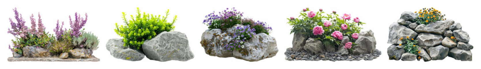 Fototapeta premium PNG Colorful floral rock garden elements, element set on transparent background