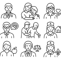 Elder Care Icon Set. Outline style icons of Specialized Elder Care Professions: geriatric doctor, caregiver icon, social worker,
