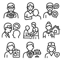 Elder Care Icon Set. Outline style icons of Specialized Elder Care Professions: geriatric doctor, caregiver icon, social worker,