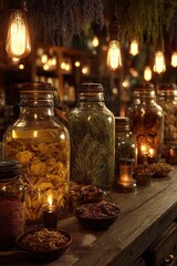 Herbs in Jars with Wooden Counter.