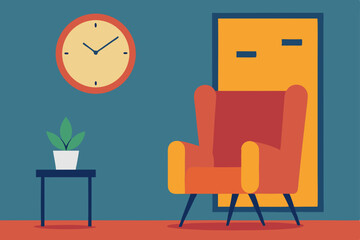 Empty office waiting room interior with stylish modern chairs and table, featuring a clock on the wall