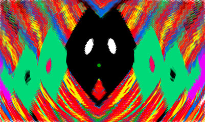 Vibrant and chaotic patterns of red, yellow, and orange create a mesmerizing symmetrical design, surrounding a central black shape with two white ovals resembling eyes with Aqua-green elements 