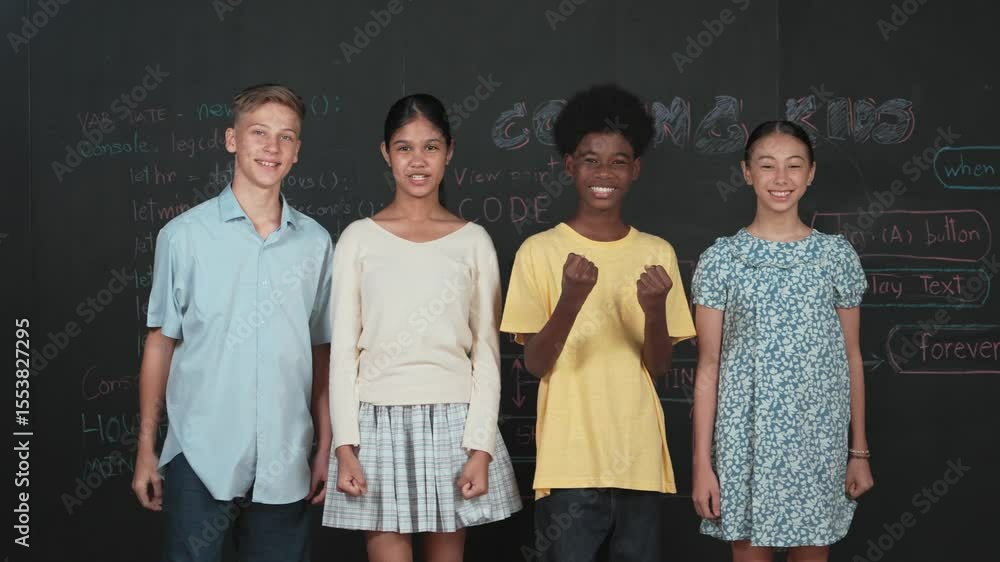 Poster diverse academic student cheering and celebrate successful project while raised hand. group of multi