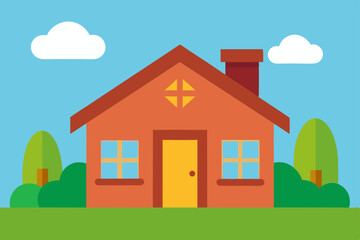Fototapeta premium Vector cartoon illustration of a cozy house in a vibrant summer landscape with trees, a garden, and a clear sky