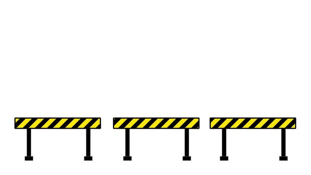 A row of black and yellow striped road barriers placed sequentially on a plain background to indicate multiple checkpoints or blockades