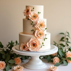 Elegant wedding cake with peach fuzz colored flowers