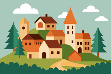 Naklejka premium Cartoon landscape illustration of a vibrant green country hill with a charming town and a majestic castle under a summer sky