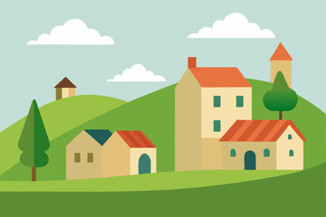 Cartoon vector illustration of houses in a village landscape with trees, hills, and a clear sky