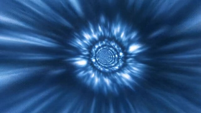 Futuristic Hyperspace Wormhole Tunnel. Abstract blue light streaks and a kaleidoscopic energy core create a sci-fi travel effect. Seamless loop for space, time travel, or VJ visuals.

