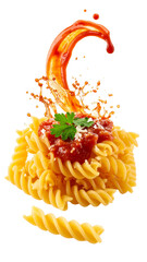 Delicious fusilli pasta with tomato sauce splashing on transparent background