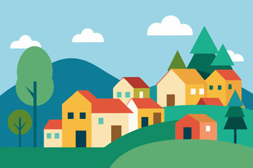 Cartoon vector illustration of houses on a city hill landscape with trees and sky