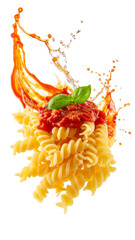 Delicious fusilli pasta with tomato sauce splashing on transparent background