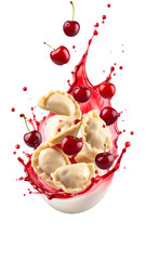 Varenyky or pierogi with cherry juice splashing on transparent background