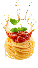Delicious fusilli pasta with tomato sauce splashing on transparent background