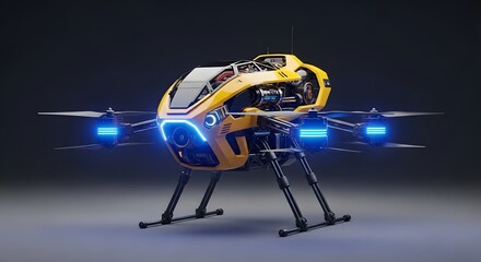 Naklejka premium Yellow Drone with Blue Lights on Dark Background