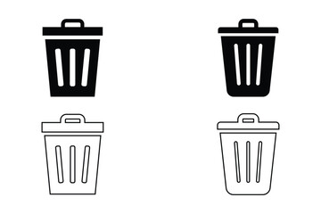 Trash Can Icon Set – Black and Outline Vector Illustration