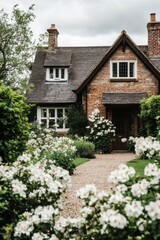 Charming brick house surrounded by lush greenery and blooming white flowers in a picturesque garden path on a cloudy day