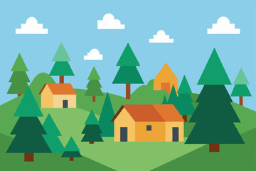 Naklejka premium Serene Village Landscape Picturesque Homes nestled amongst lush Green Hills and Pine Trees