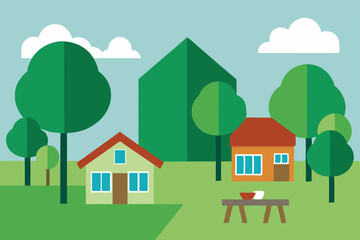 Fototapeta premium Serene Suburban Landscape Peaceful Homes and Lush Greenery
