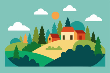 Naklejka premium Charming Village Landscape Houses nestled in a picturesque hillside forest