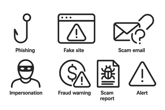 Phishing and Scam Icons. Line style icons of phishing and scams: phishing hook, fake site alert, scam email, suspicious link,