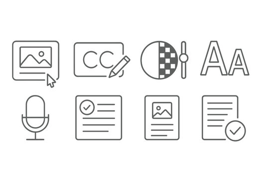 Accessible Content Icons. Line style icons of accessible content creation: alt text input, caption editor, color contrast tool,