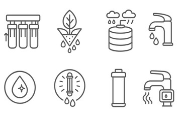 Green Tech Icons. Line style icons of green tech and eco services: water purification system, eco filter icon, rainwater